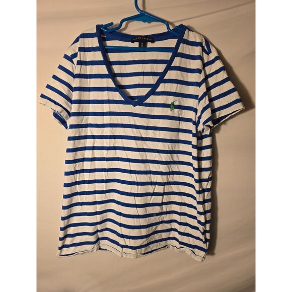 Ralph Lauren Blue White Stripe Tshirt Shirt Womens Vneck Size Medium M Polo Logo - Picture 1 of 3